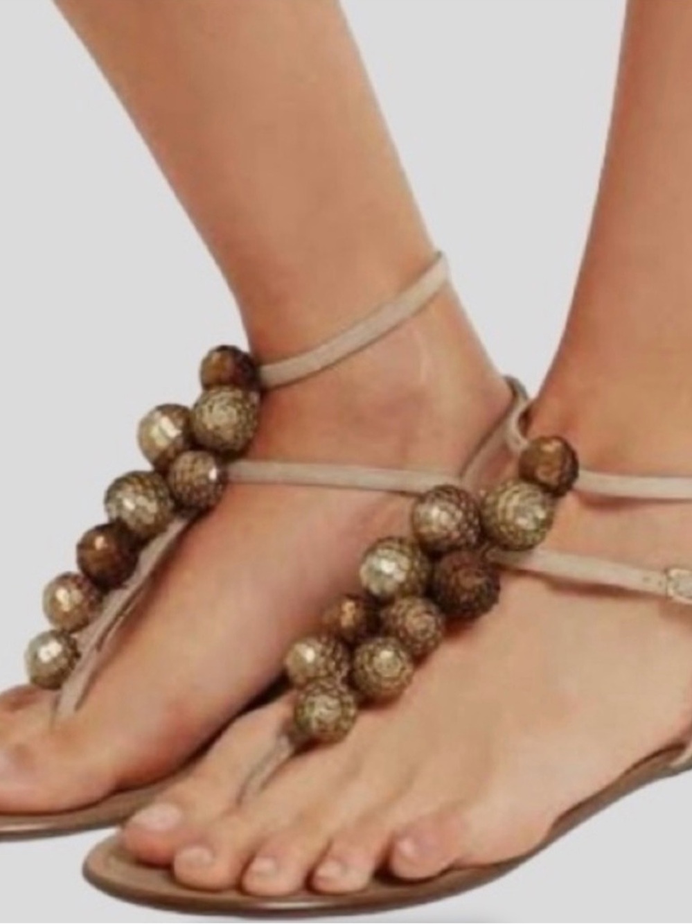 Aquazzura Beige Sandals with Gold Beaded T-Strap